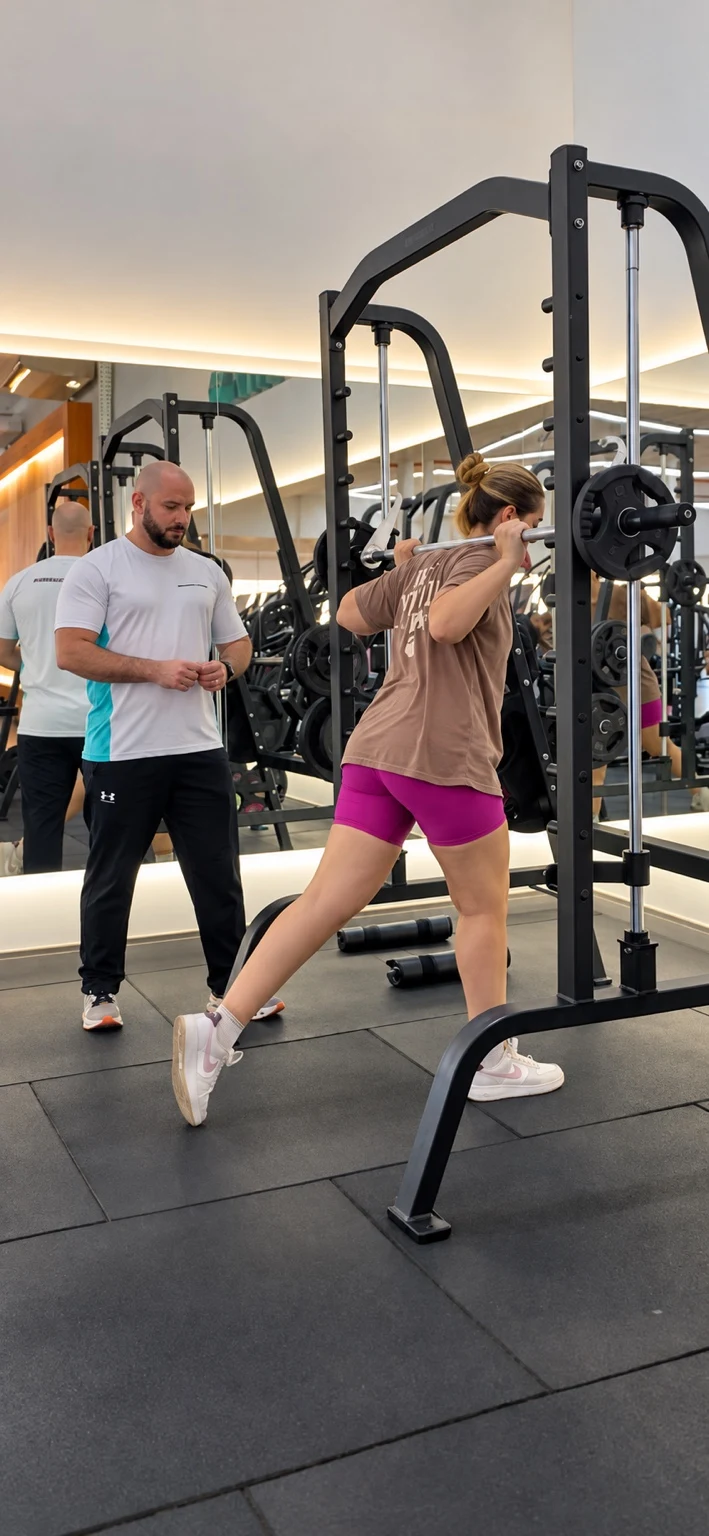 Yuri acompanhando uma aluna durante um exercício na academia